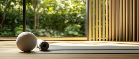 Yoga mat and fitness equipment in serene indoor space, promoting wellness and relaxation. Natural light enhancing mindfulness and meditation practice.