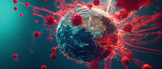 World impacted by COVID-19 virus with digital effects, illustrating global health crisis, pandemic spread, and medical challenges faced by humanity.