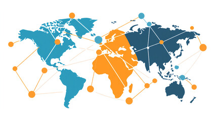 A world map with global network connections, representing the interconnected nature of digital networks across different countries. The color scheme is orange and blue, symbolizing progress 