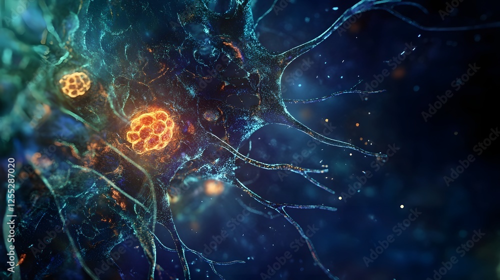 Poster an abstract image depicting the intricate interplay of cosmic neurons neural synapses and glial cell