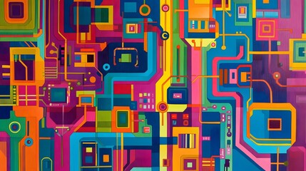 An electric circuit board with vibrant colors representing active pathways