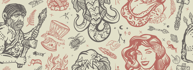 Prehistoric art. Stone age seamless pattern. Evolution. Neolithic and paleolithic people background. Mammoth head, cave man neanderthal, woman. Old school tattoo vector style