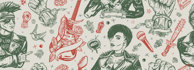 Punk lifestyle. Music concept. Rock culture musical background. Seamless pattern. Electric guitar, rock woman