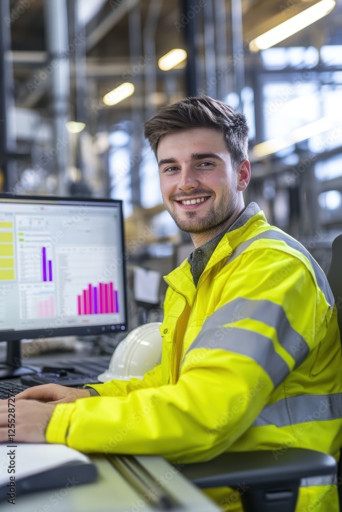 Poster young engineer in high-visibility jacket working at computer in industrial facility, analyzing data 