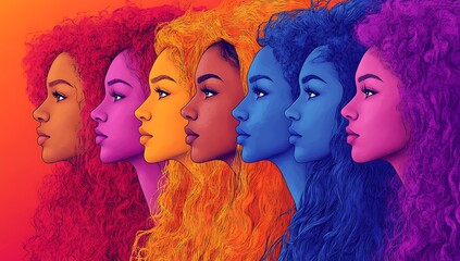 Fototapeta premium Vibrant Gradient with Women Showcasing Curly Hairstyles