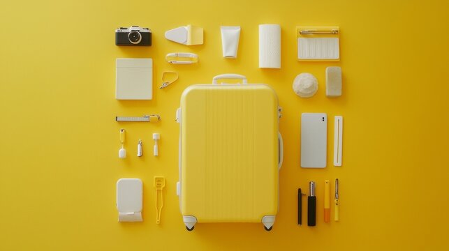 Bright yellow suitcase takes center stage in a creative flat lay, surrounded by travel essentials like a camera, toiletries, and stationery - Powered by Adobe