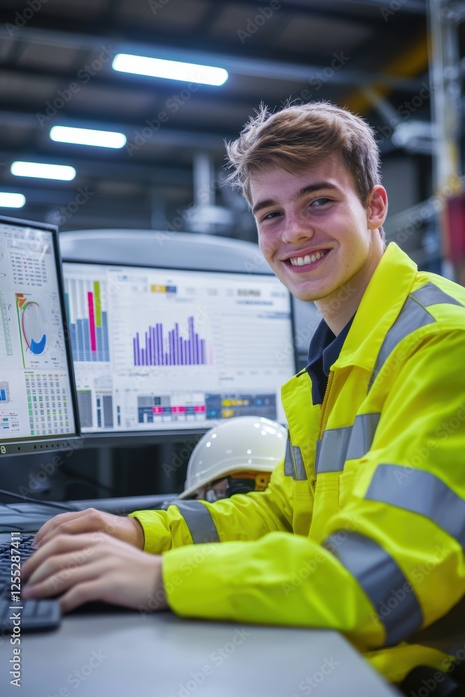 Poster young engineer working in industrial facility with safety gear, monitoring data analytics on compute