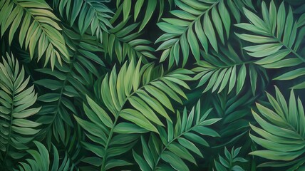 Lush Green Tropical Palm Leaves Exotic Foliage Painting Vibrant Nature Art Background