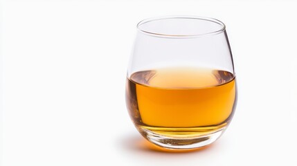 Round Glass Tumbler With Amber Liquid On White Background