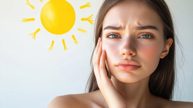 Young woman holding her face in contemplation with a hand near her cheek, sunny background emphasizing beauty, skincare, and wellness concepts.