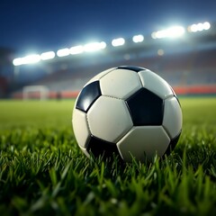 Fototapeta premium Classic Soccer Ball on Green Field Under Stadium Lights