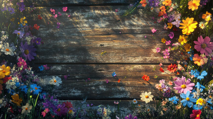 vibrant floral border surrounds rustic wooden background, creating cheerful and inviting atmosphere. colorful flowers add touch of whimsy and natural beauty