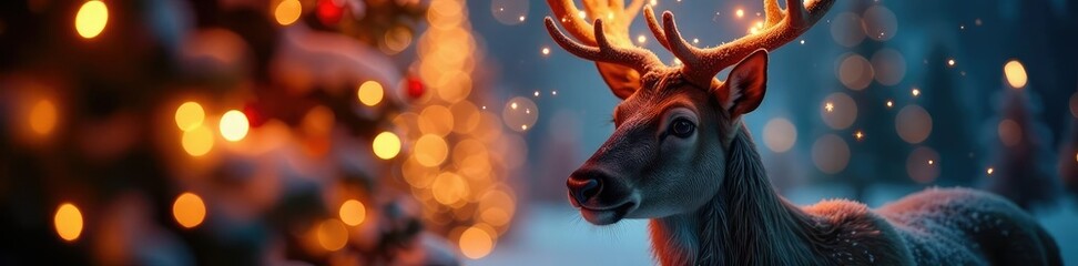 Reindeer's glowing antlers amidst festive light blur, christmas lights, bokeh, magical moment