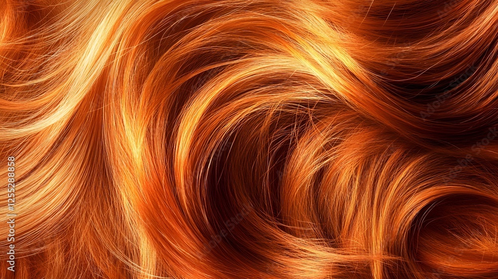 Poster Captivating abstract background featuring a mesmerizing texture of fiery flowing waves of vibrant red and orange hair in a dynamic swirling pattern with a lush silky and shiny appearance