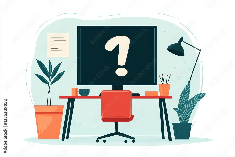 Poster modern home office desk setup with question mark on computer screen plants and lamp