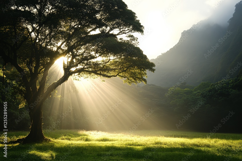 Aufkleber sunlight streams through an ancient tree in a serene forest during early morning hours