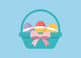 Fototapeta premium Pastel Easter Eggs in Basket with Big Ribbon Bow - Spring Holiday Design flat 