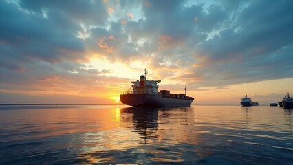 Fototapeta premium A majestic cargo ship glides over tranquil waters as the sunset bathes it in golden hues. Warm reflections dance on the serene surface, creating a mesmerizing twilight tableau