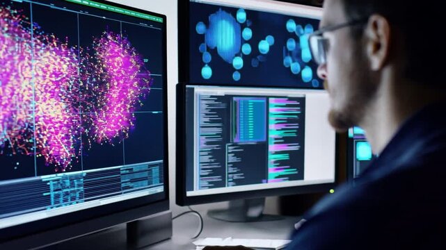 Data Scientist at Work: A focused data scientist is engrossed in analyzing complex data visualizations and code displayed across multiple monitors.