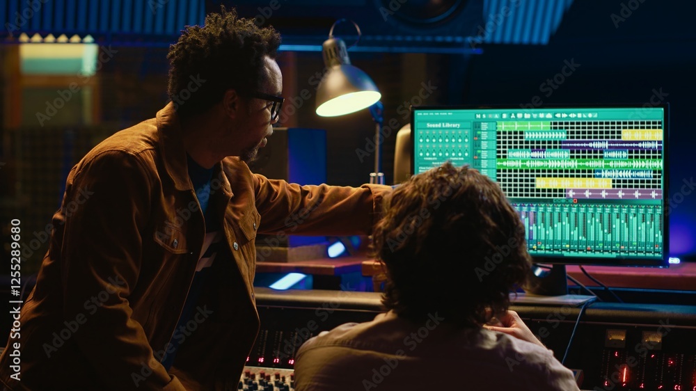 Fototapete team of artists collaborating on editing recorded tracks with audio software, twisting knobs to adju