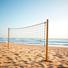 Beach Volleyball Net with Ocean Waves Under a Sunny Sky