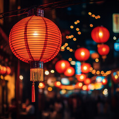 Red lanterns illuminate a bustling street adorned with festive lights at night. Generative AI