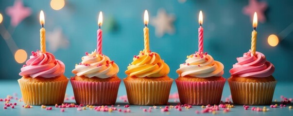 A row of brightly colored cupcakes with candles and surrounded by a halo of soft bokeh lights ,  brightly colored cupcakes,  bakery