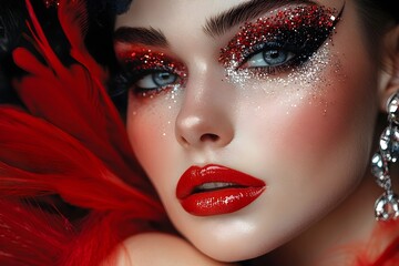Fototapeta premium Close-Up of Beautiful Woman with Red and Black Makeup, Crystal Earrings, and Carnival Costume, Fashion Editorial with Cinematic Lighting