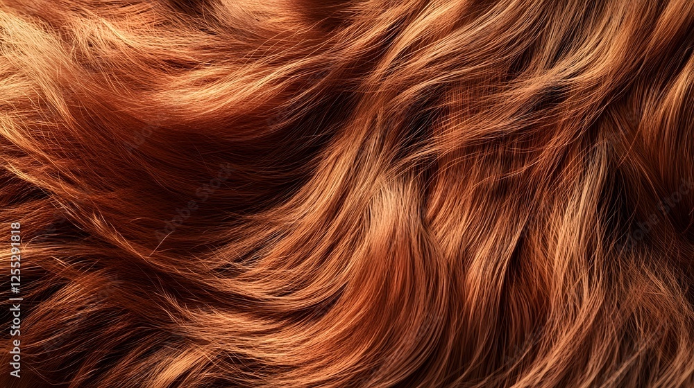 Poster captivating and sensual vibrant auburn hair texture with shimmering waves curls and a fiery luminous