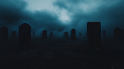 Eerie Cemetery Under Gloomy Blue Cloudy Sky Reflecting Themes of Mourning Loss and Remembrance