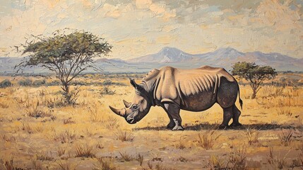 Fototapeta premium A rhinoceros grazing alone in the African bush
