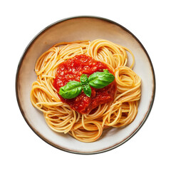 Delicious spaghetti with tomato sauce and fresh basil on a plate.