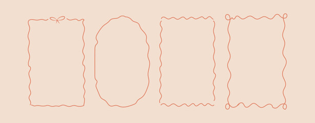 Set doodle hand drawn frames with wavy lines and bow.. Minimalist simple line art. Trendy retro vintage shabby chic whimsical borders for wedding invitations, birthday card, prints. Vector