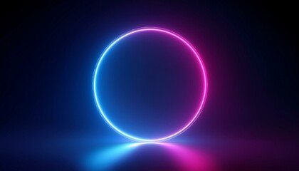 3d render, abstract neon background with fluorescent ring, blank round frame. Simple geometric shape. Laser line glowing with pink blue light
