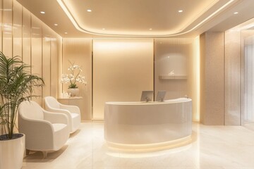 Elegant beauty clinic reception area modern aesthetic design interior space calm environment contemporary viewpoint serenity and comfort for a welcoming experience