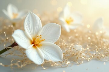 Fototapeta premium Soft white petals and gold glitter intertwined with beige strands, nature, petal, white flowers