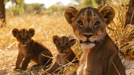 Obraz premium A lioness watching over her cubs in the savannah
