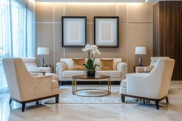 Fototapeta premium Elegant beauty clinic waiting room design modern interior chic environment inviting atmosphere serene viewpoint comfort and relaxation concept