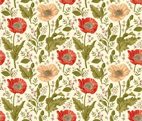 Seamless pattern. Beautiful blooming realistic isolated flowers. Vintage background fabric. Poppy Poppies wildflowers set. Wallpaper baroque. Drawing engraving sketch Vector victorian illustration © Наталья Лобенко