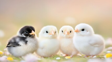 Fototapeta premium Four Adorable Chicks Posing Together in a Meadow of Flowers on a Sunny Day, Springtime