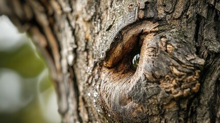 Nature's Eye: A Glimpse Through a Tree's Hollow on a Rainy Day