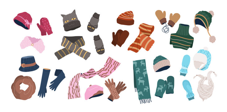Set of winter scarves, hats and gloves. Woolen, knitted and cotton accessories for men, women, and kids. Cozy fashion collection. Stylish warm garments. Isolated flat vector illustrations on white.