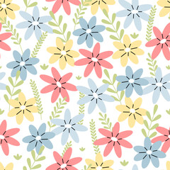 Seamless pattern with multicolored flowers on a white background. Vector floral illustration background. Flat illustration.