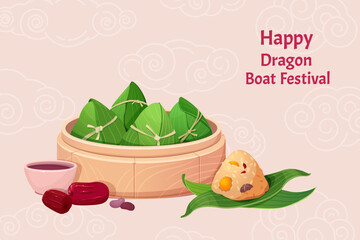 Dragon boat festival banner design with chinese rice dumpling zongzi  in bamboo leaves. Vector Illustration
