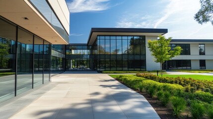 Modern office building with glass facade and manicured lawn on a sunny day