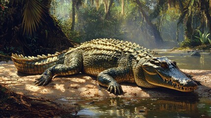 A crocodile sunning itself on the riverbank