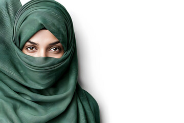 Naklejka premium Portrait of muslim woman In Hijab isolated on white backdrop