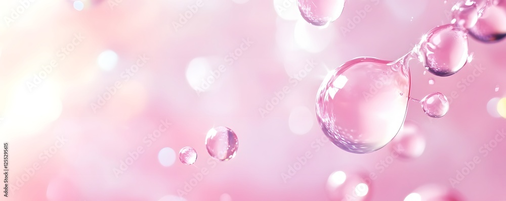 Poster Captivating image of delicate iridescent bubbles suspended in a luminous liquid medium against a soft pink hued background  The ethereal glassy spheres refract and shimmer creating a mesmerizing