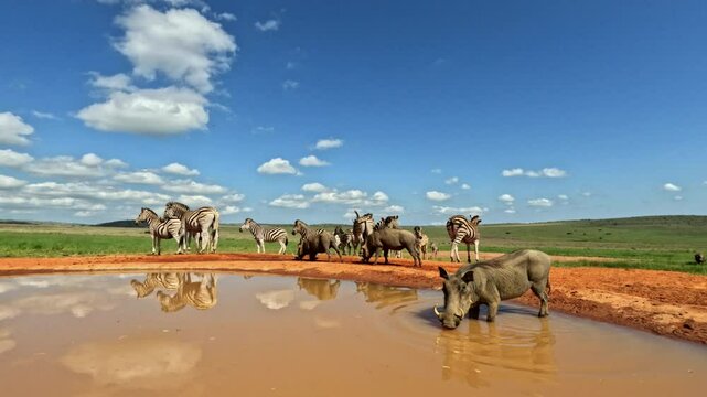 Cheeky common warthog goes for quick dip in natural waterhole on hot African day
