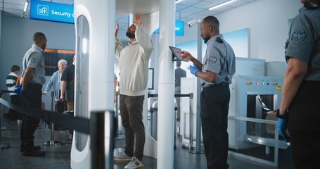 Airport Security Checkpoint: Multiethnic Passengers Passing Through Metal Detector Scanner Gates. Airport Staff Control People TSA Screening Procedure for Plane Flight Boarding Using Tablet Computer.